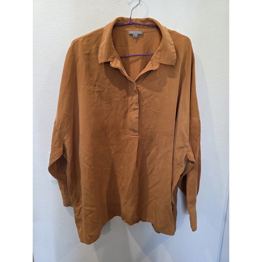 COS Oversized Burnt Orange Brown Top Sz M‎ Lyocell Henley Lagenlook **Discolored